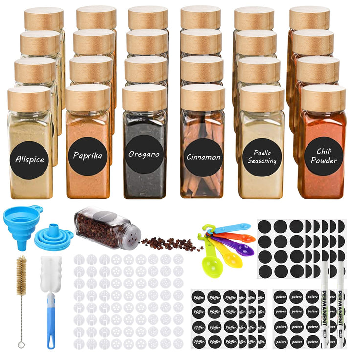TWBEST Gewürzgläser 24er Set, Gewürzgläser Eckig mit Streueinsatz,120ml Gewürzdosen mit Bambusdeckel