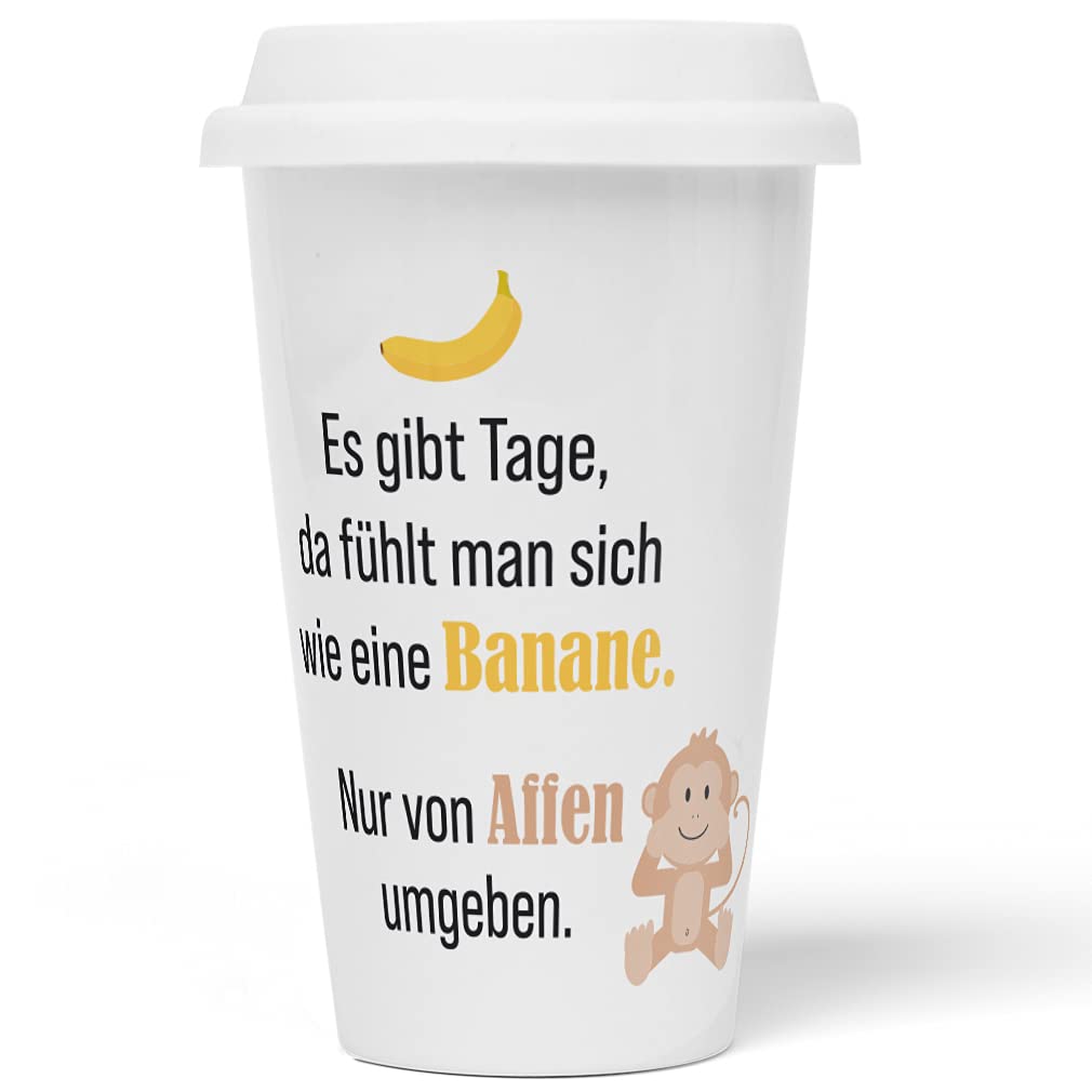 JUNIWORDS To-Go Becher mit Deckel, Es gibt Tage, da fühlt man sich wie eine Banane. Nur von Affen um
