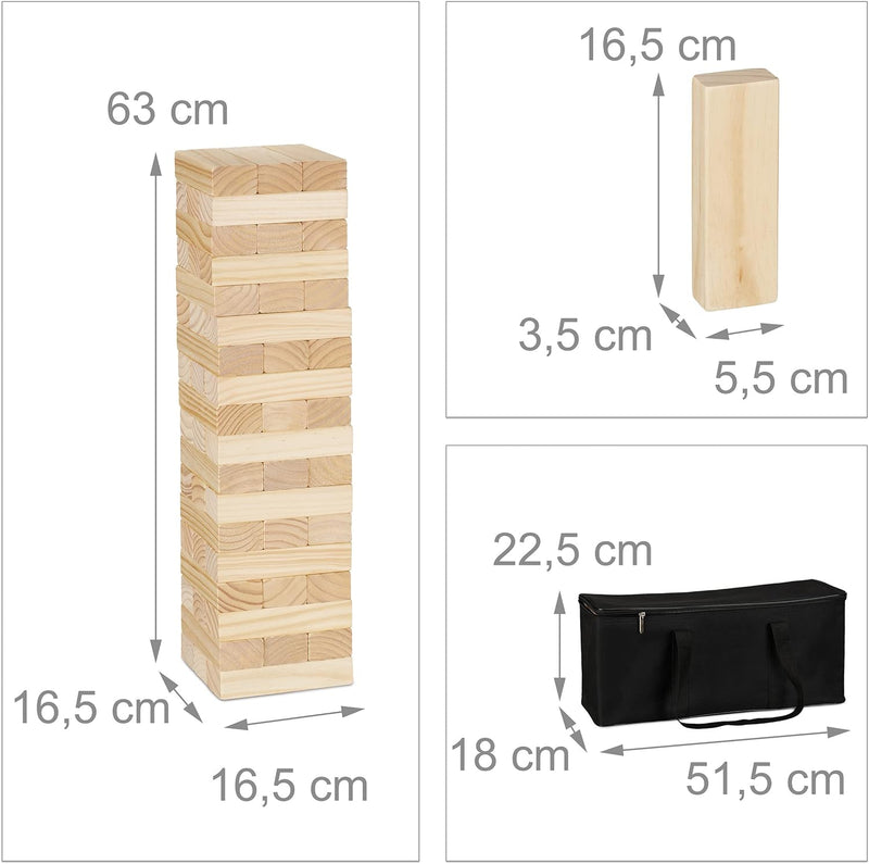 Relaxdays Wackelturm XL, Holzturm Spiel Garten, mit Tasche, 54 Steine, Riesenwackelturm HBT: 63 x 16