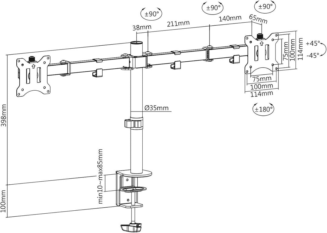 DIGITUS Monitorhalterung - Tischklemme - 2 Monitore - Bis 32 Zoll - Bis 3X 8 kg - VESA 75x75, 100x10