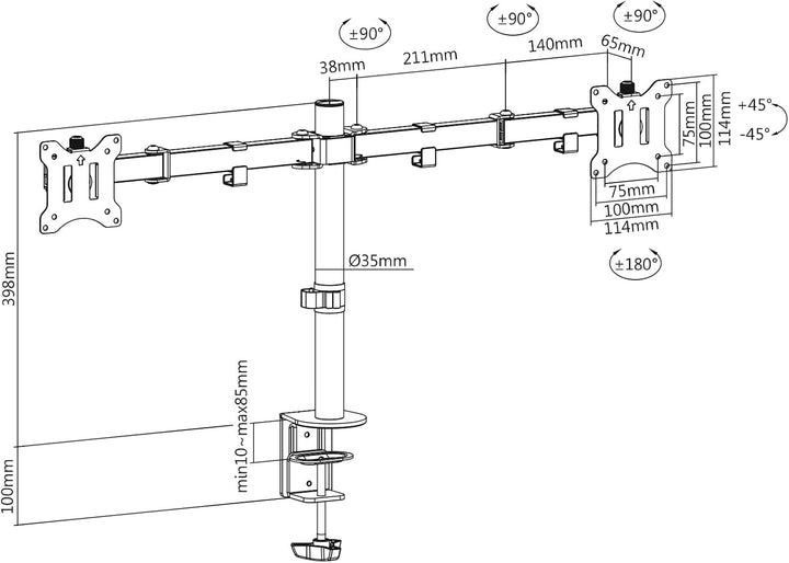 DIGITUS Monitorhalterung - Tischklemme - 2 Monitore - Bis 32 Zoll - Bis 3X 8 kg - VESA 75x75, 100x10