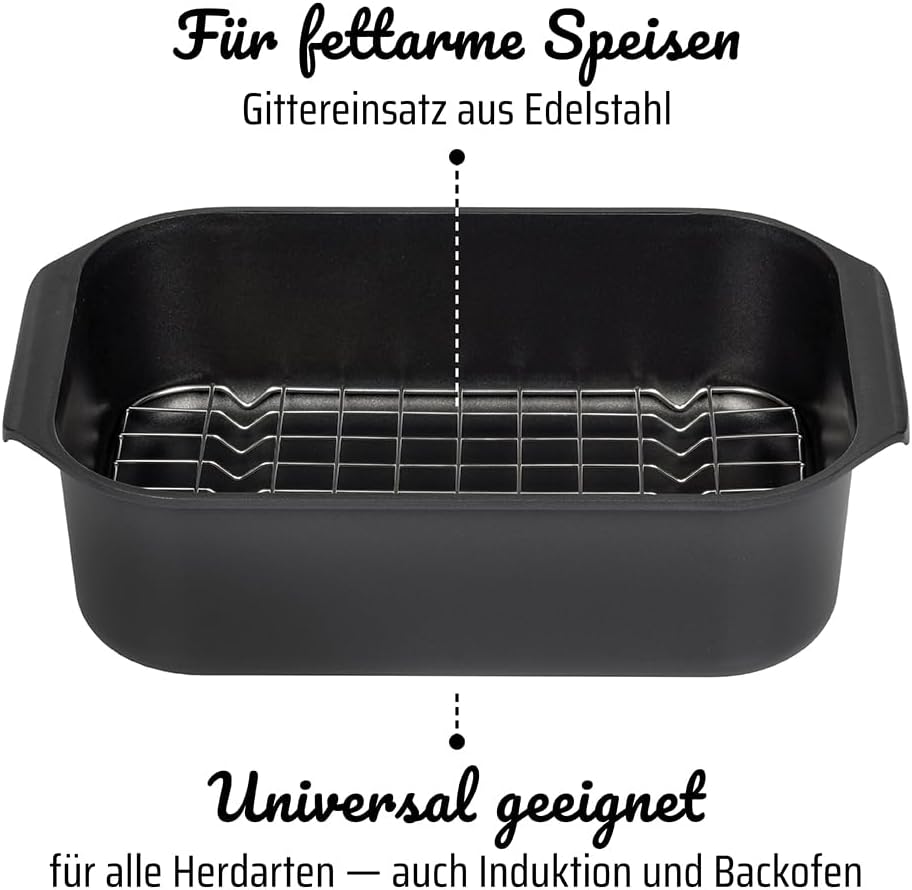 GSW Rechteckbräter Gourmet mit Aroma-Glasdeckel und Grilleinsatz, Aluguss, Induktionsfähig, Schwarz,