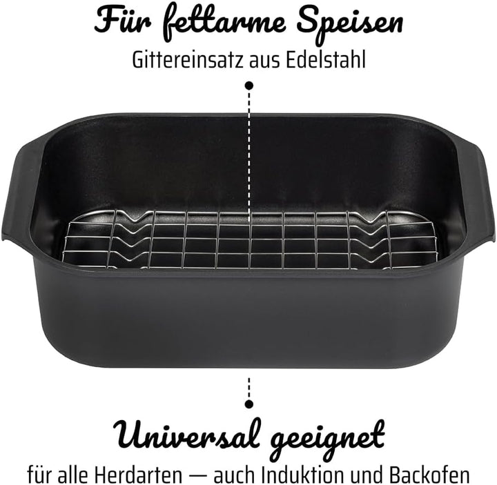 GSW Rechteckbräter Gourmet mit Aroma-Glasdeckel und Grilleinsatz, Aluguss, Induktionsfähig, Schwarz,