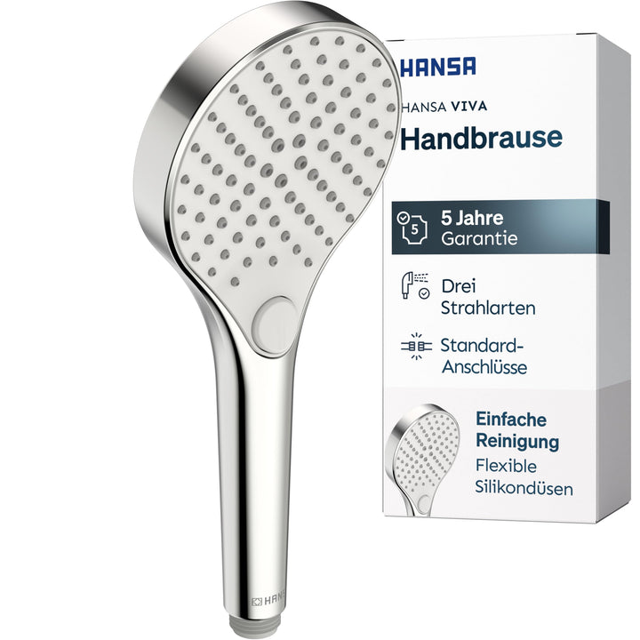 HANSA VIVA Breiter Duschkopf mit 3 Strahlarten I Handbrause Dusche | Dreistrahlig mit Druckknopf Ums
