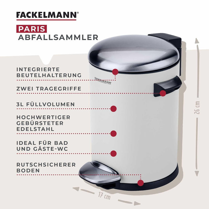FACKELMANN PARIS Pedal-Abfallsammler 3L White mat – Eleganter Abfalleimer in Weiss, Integrierte Beut