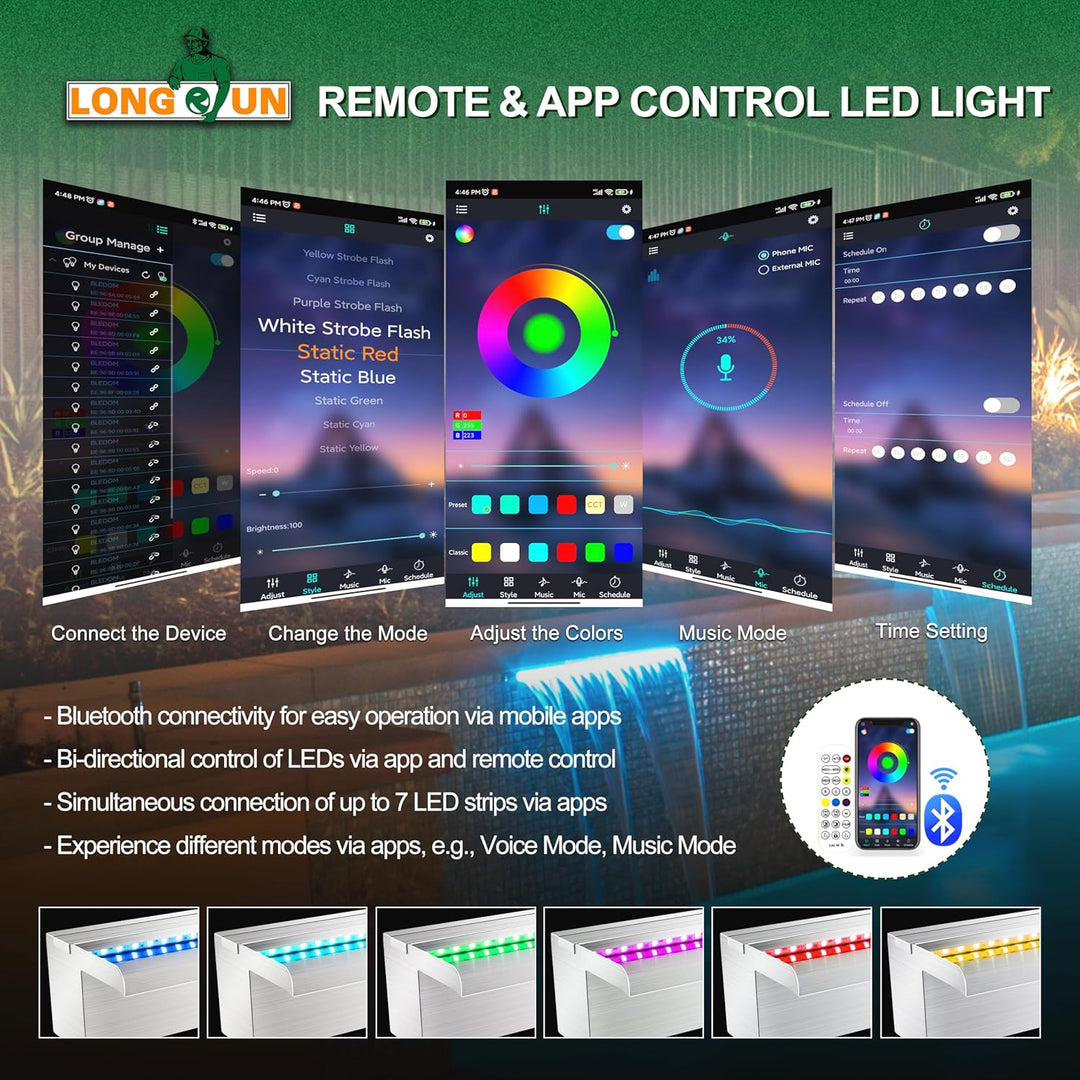 Longrun 60cm Teich Wasserfall Set, 304 Edelstahl Pool Wasserfall Brunnen mit RGB Bluetooth LED und F