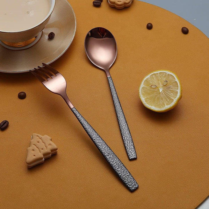 Besteck Set 24 Stück Roségold Kopfbeschichtung mit Schwarzem Marsgriff, Edelstahl Kupfer Titanbeschi