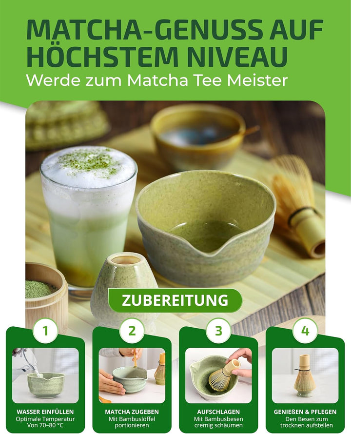 Matcha Set Grün – Premium Matcha Tee Set mit Matcha Schale, Bambus Matcha Besen & Matcha Zubehör - J