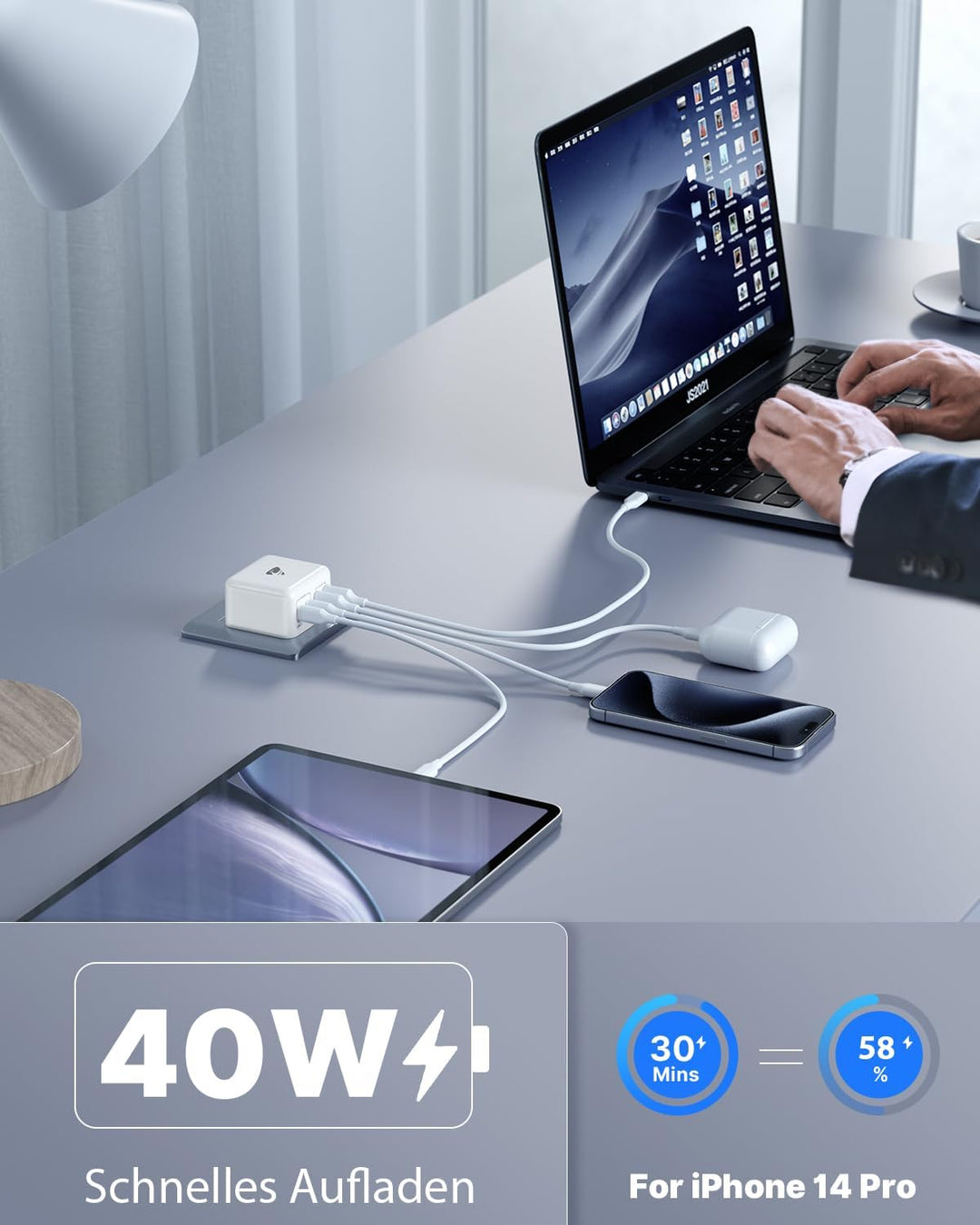 USB C Ladegerät, Aioneus 40W 4 Ports Mehrfach Ladegerät, Schnellladegerät PD 3.0 Power Adapter mit U