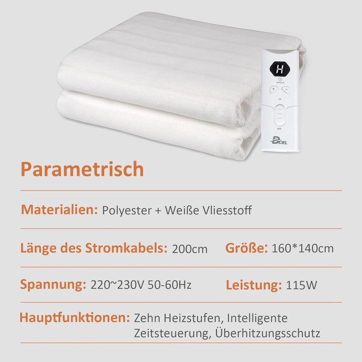 DOEL Heizdecke 160x140cm, Wärmeunterbett Doppel mit 10 Heizstufen, Elektrische Wärmedecke mit 3/12h