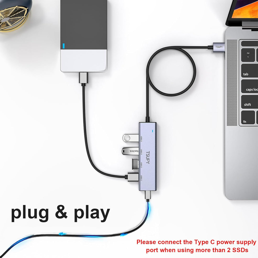 USB Hub 3.2 Gen 2, TSUPY USB Hub 10Gbps, Aluminium USB Verteiler mit 120cm Kabel kompatibel für Lapt
