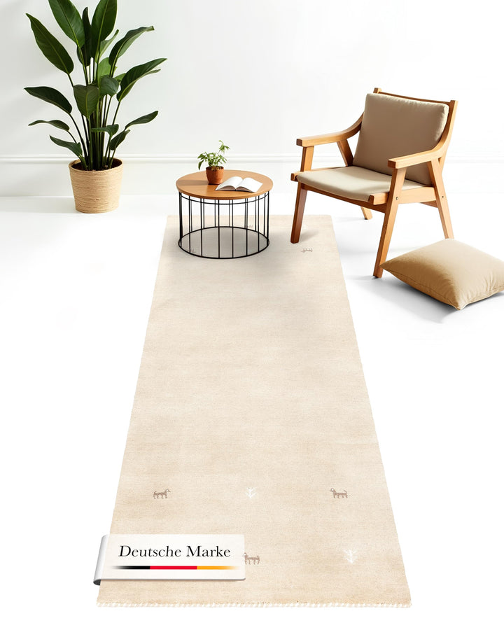 carpetfine Wollteppich Gabbeh Uni Läufer Beige 60x180 cm | Moderner Teppich für Wohn- und Schlafzimm