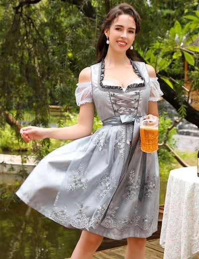 Clearlove Dirndl Damen Midi Trachtenkleid 3tlg mit Schürze und Bluse Trachtenmode Kleid für Oktoberf
