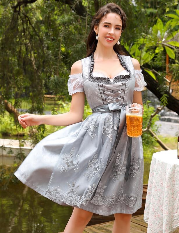 Clearlove Dirndl Damen Midi Trachtenkleid 3tlg mit Schürze und Bluse Trachtenmode Kleid für Oktoberf