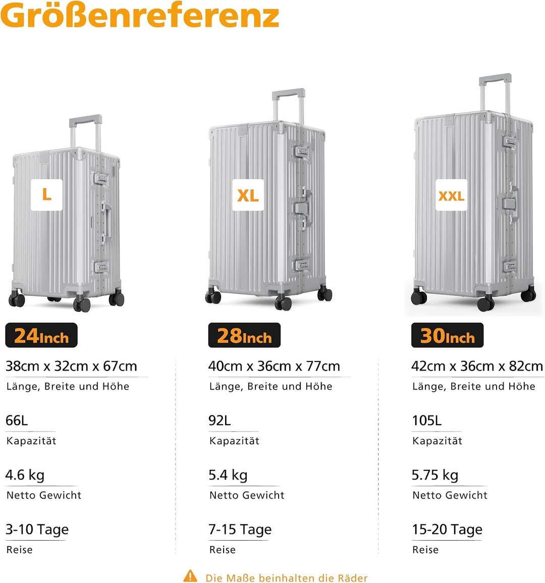 ALPHA CAMP Koffer XXL Hartschale mit TSA Schloss Koffer Gross 105L Silber | Aluminium Rahmen Polycar