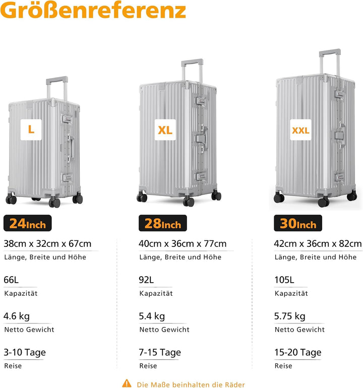 ALPHA CAMP Koffer XL Aluminium Rahmen &amp; Polycarbonat Hartschale mit TSA Schloss Koffer Silber Gross