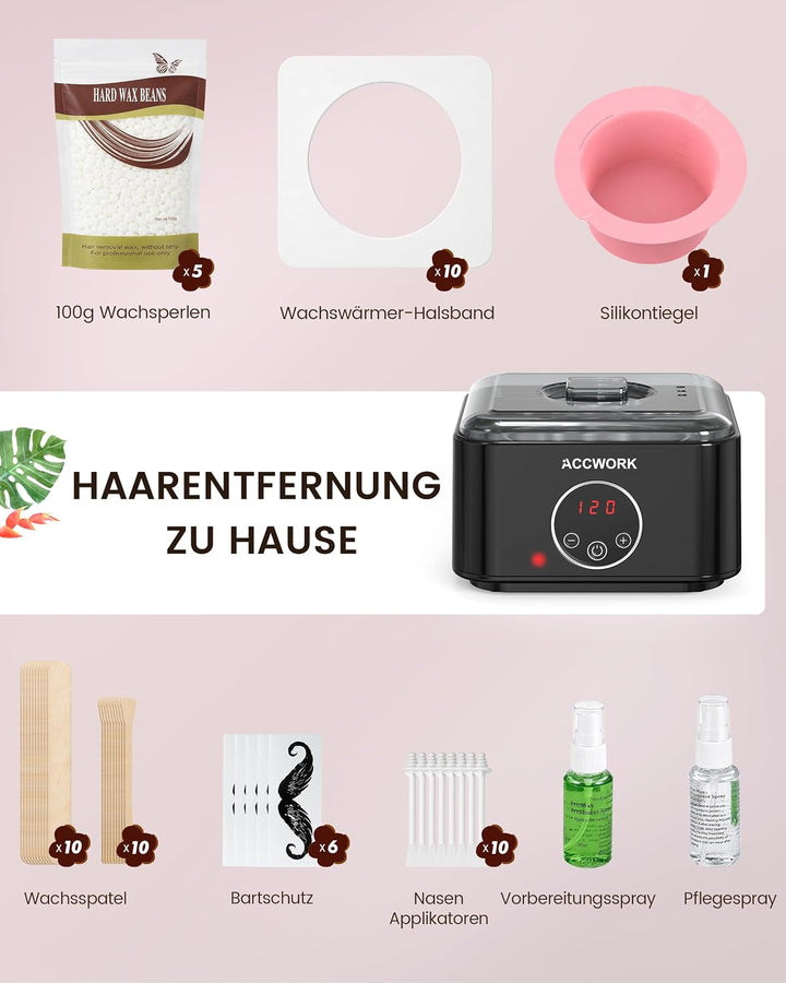 ACCWORK Waxing Set Haarentfernungs-Wachsset mit Wachswärmer, 500 g Wachsperlen, Silikon- und Alumini