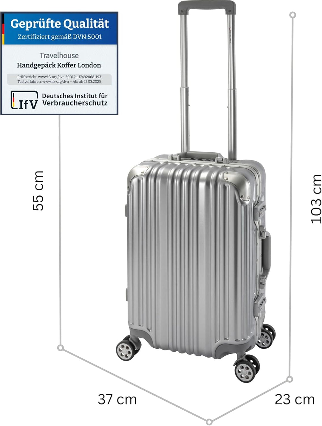 Travelhouse London Koffer Silber S-55cm Bordkoffer · Alu-Rahmen · Polykarbonat Hartschale · Reisegep