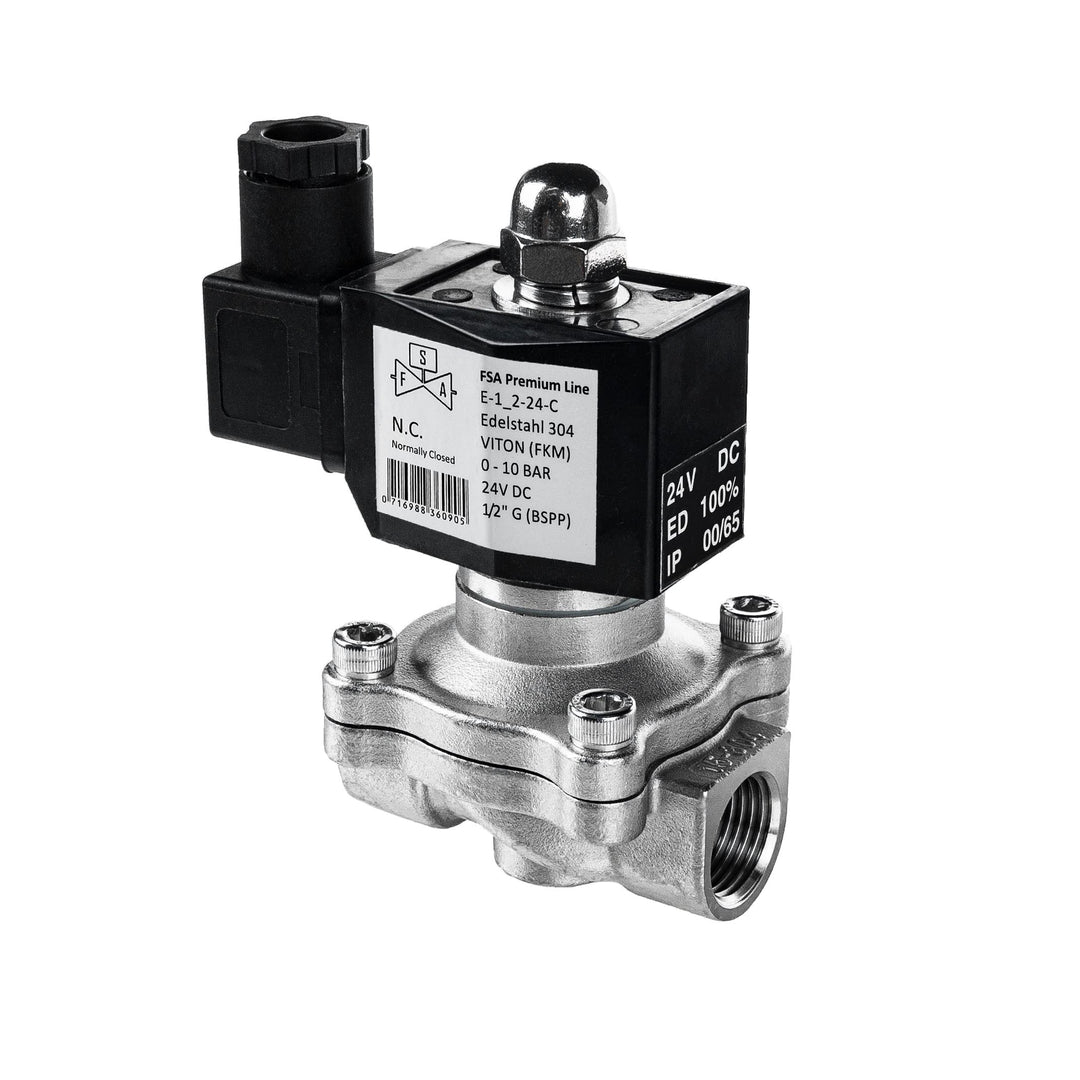 FSA Magnetventil Edelstahl 304 1/2" 24V DC 0-10 bar Viton stromlos geschlossen, 1/2" 24v DC