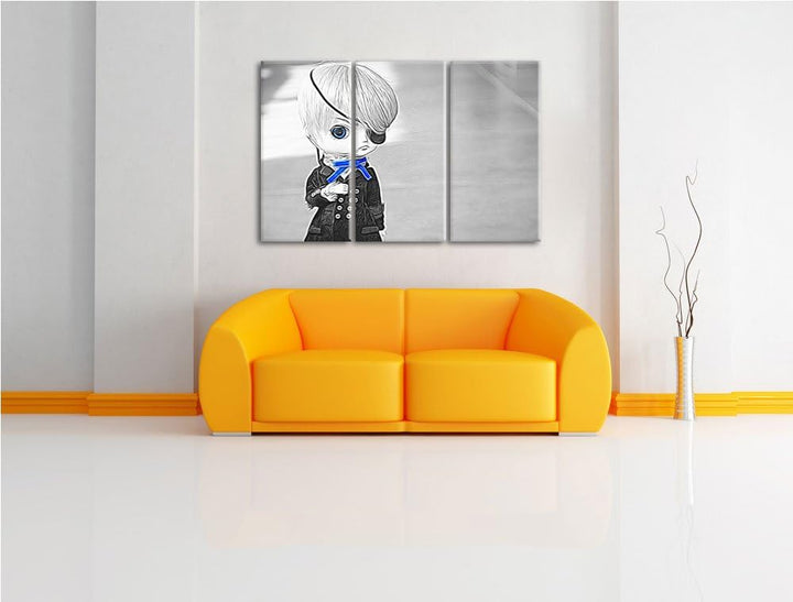 hübsche verwegene Pullip-Puppe mit Augenklappe schwarz/weiss Spezial 3-Teiler Leinwandbild 120x80 Bi