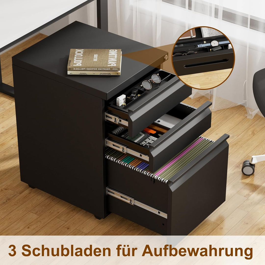 Rollcontainer, Aktenschrank Abschliessbar mit 4 Schlüsseln, Aktenschrank unter Schreibtisch, mit 3 S