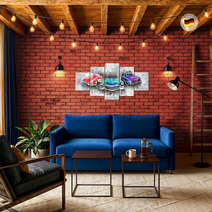 Runa Art Wandbilder Oldtimer Retro 5 Teilig Bild auf Vlies Leinwand Deko Wohnzimmer Schlafzimmer Aut