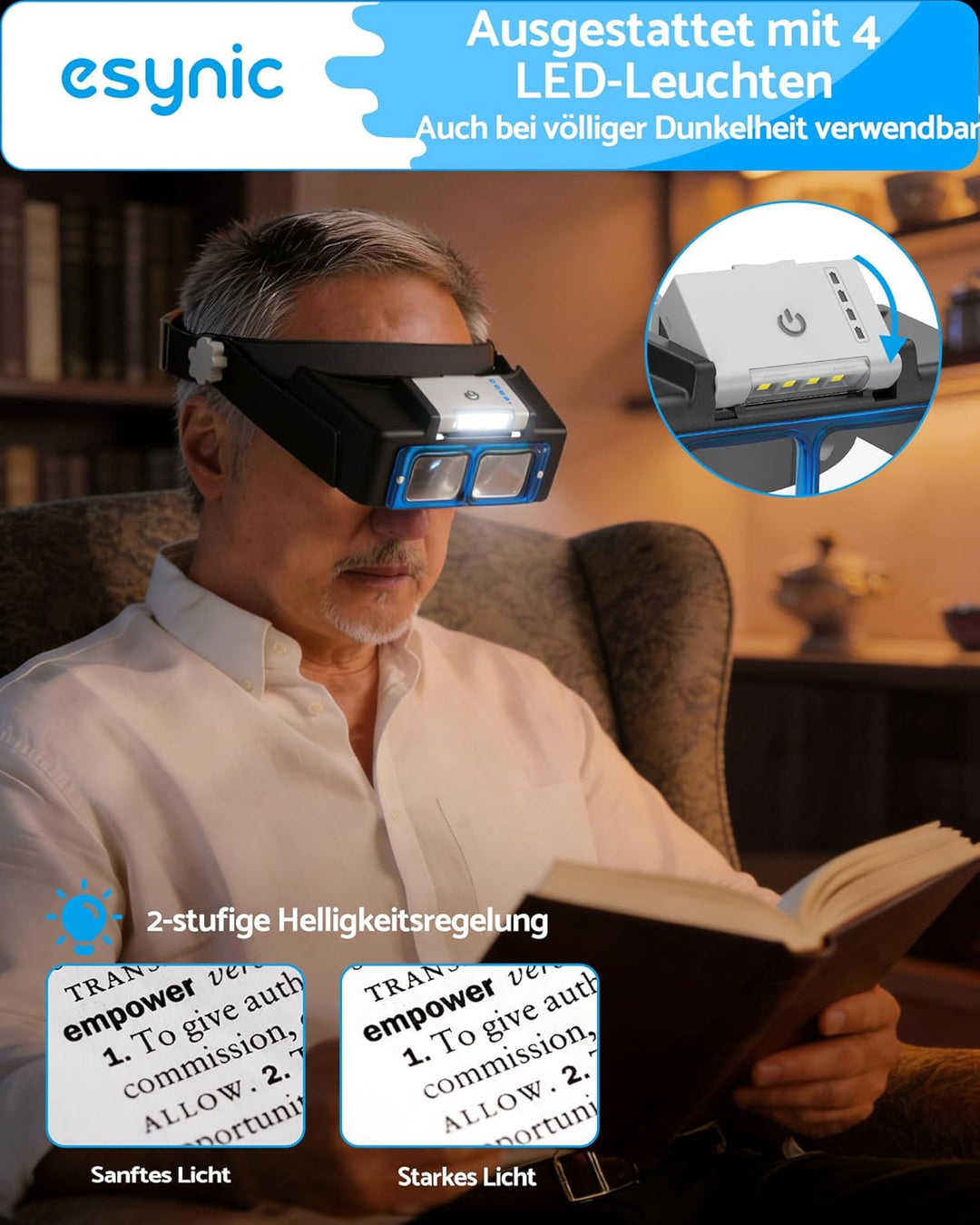 eSynic Stirnbandlupe mit LED Licht Stirnlampe Lupe 4 Wechsel-Linse 1.5X–3.5X Wiederaufladbar 300mAh