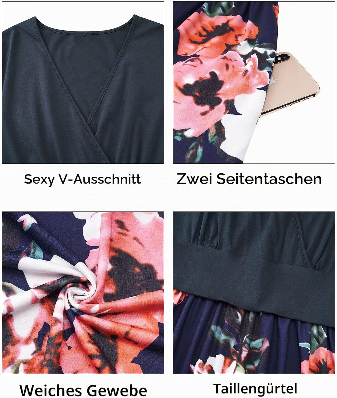 STYLEWORD Damen Sommerkleid Kurzarm V-Ausschnitt Kleider Blumenmuster Kleid Wickelkleid Mit Taschen