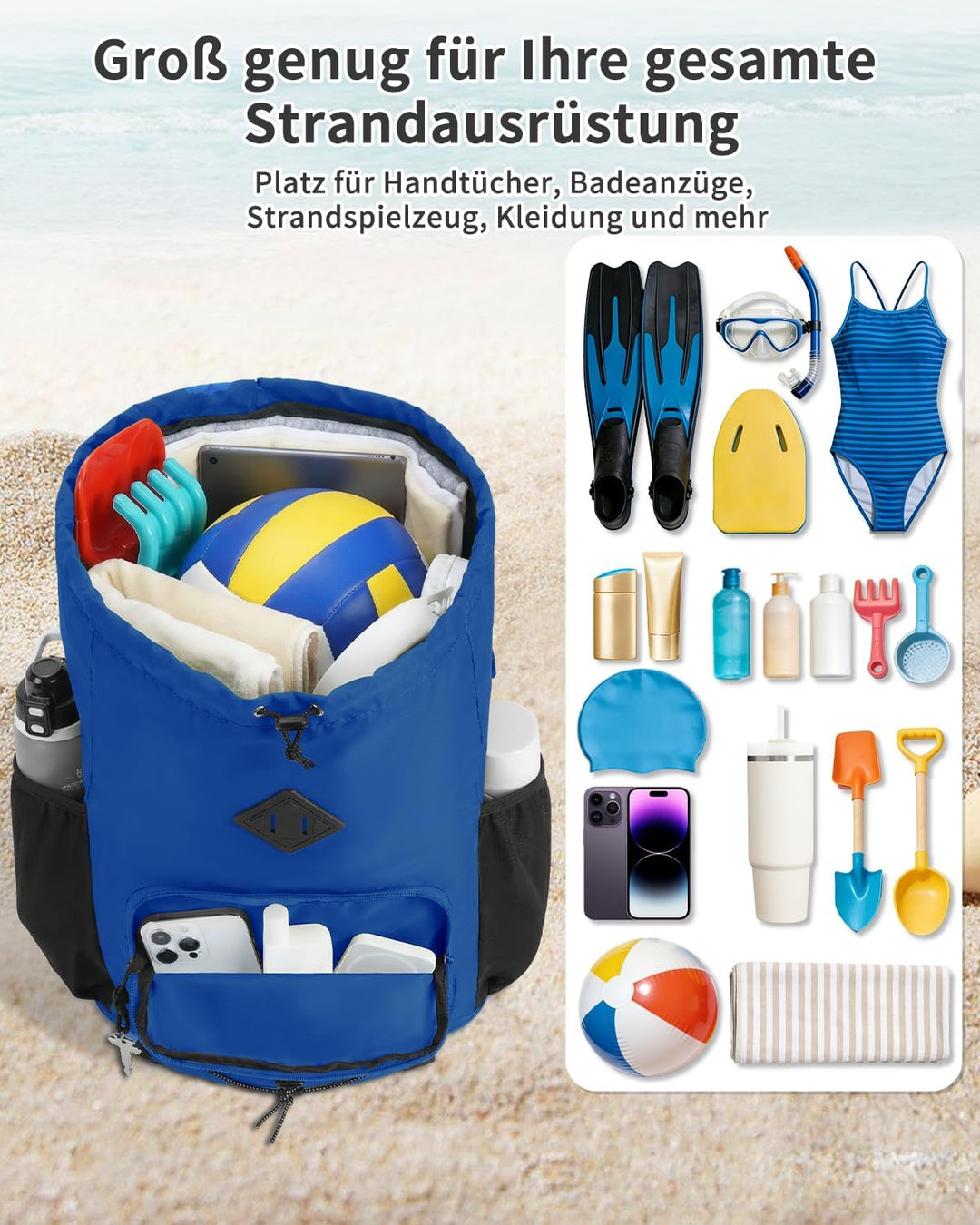WANDF Schwimmtasche als Turnbeutel mit Abnehmbarem Nassbeutel, Strandrucksack mit Netzboden gegen Sa