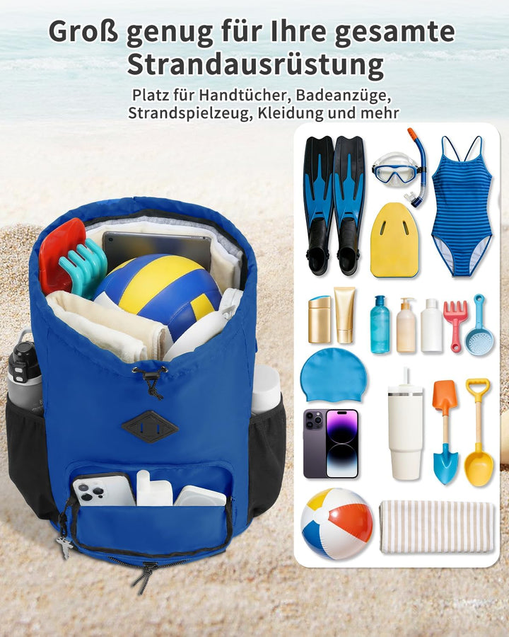 WANDF Schwimmtasche als Turnbeutel mit Abnehmbarem Nassbeutel, Strandrucksack mit Netzboden gegen Sa