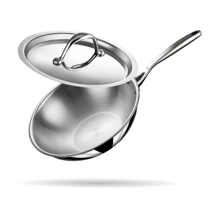Stahl Artisan Triply Edelstahl-Wok mit Deckel, tiefe Bratpfanne, Induktionsboden, Brat-Wok, Induktio