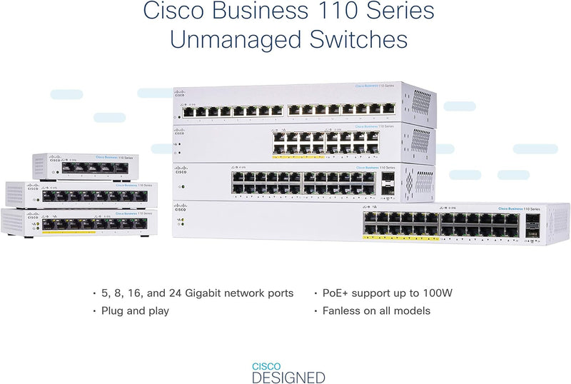 Cisco Business CBS110-5T-D Unmanaged Switch | 5﻿ ﻿GE-Ports | Desktop | Ext. Netzteil | Begrenzter Le