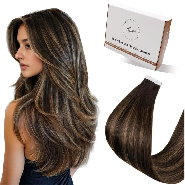 Hetto Echthaar Tape in Extensions Balayage Braun Tape Haarverlangerung Remy Echthaar Tape in Extensi