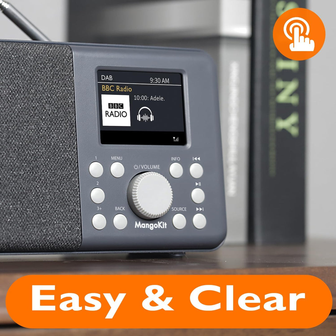 MangoKit MD3 DAB/DAB+ und UKW tragbares Digitalradio, Bluetooth-Lautsprecher, Kopfhörer, 40 voreinge