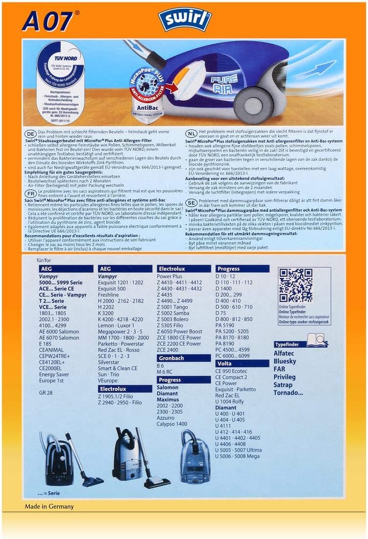 3 Pakete Swirl Staubsaugerbeutel A07 / A 07 MicroPor Plus AirSpace für AEG Staubsauger Gr. 28