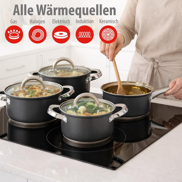 alpina Induktions-Topfset 4-teilig – Edelstahl Kochtöpfe mit Glasdeckel – Kochtopfset Geeignet für A