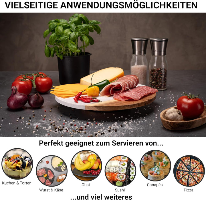 Fino Casa drehbare Marmorplatte mit Akazienholz rund Tortenplatte Küchen Organizer Käseplatte Die Ma