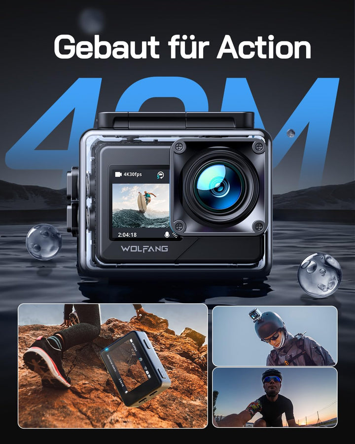 WOLFANG GA120 Action Cam 4K 20MP WiFi Kamera, Unterwasserkamera 40M Wasserdicht Kamera, 170° Weitwin