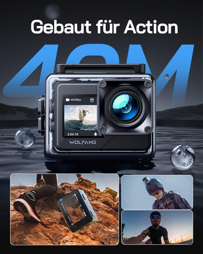 WOLFANG GA120 Action Cam 4K 20MP WiFi Kamera, Unterwasserkamera 40M Wasserdicht Kamera, 170° Weitwin