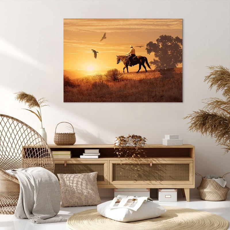 Bilder auf Leinwand 100x70cm Leinwandbild Pferd Cowboy Bauernhof Reiten Gross Wanddeko Bild Schlafzi