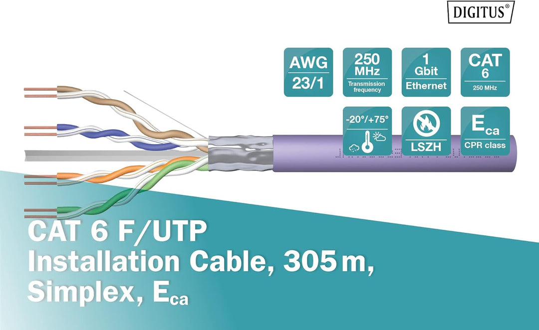 DIGITUS 305 m Cat 6 Netzwerkkabel - F-UTP Simplex - BauPVO Eca - LSZH Halogenfrei - 250 MHz Kupfer A