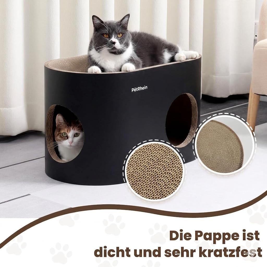 PetRhein Kratzbrett für Katzen aus Kratzpappe,3-in-1 grosses Katzenhöhle mit Kratzmatte &amp; Katzenbett