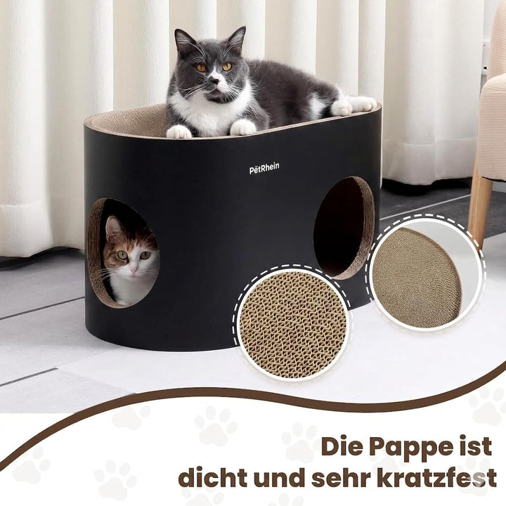 PetRhein Kratzbrett für Katzen aus Kratzpappe,3-in-1 grosses Katzenhöhle mit Kratzmatte &amp; Katzenbett