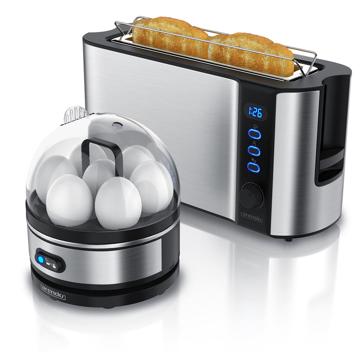 Arendo - SET Toaster FRUKOST mit Eierkocher SEVENCOOK Edelstahl Silber, Toaster 2 Scheiben LED-Displ