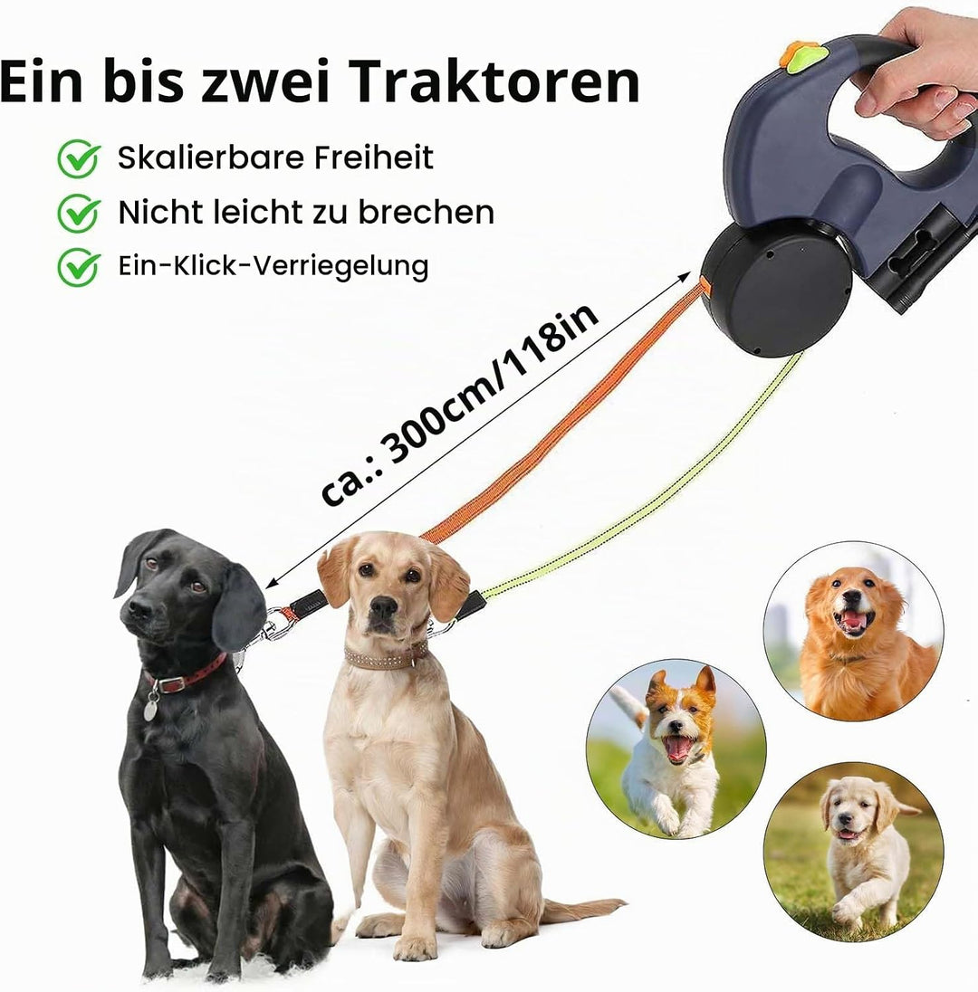 Doppelte Einziehbare Hundeleine 3m Flexible Rollleine mit LED Licht, Automatische Lange Hundeleine f