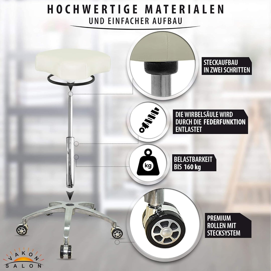 VAKON SALON - Design ergonomischer Rollhocker auf hochwertigen Rollen weiss - Höhenverstellbarer von