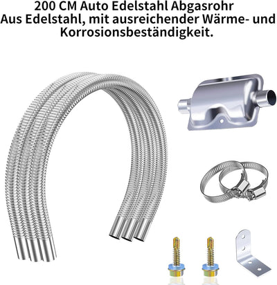 Abgasschlauch für Stromerzeuger, Cakapapo 200CM Auto Edelstahl Abgasrohr und Schalldämpfer, mit Zwei
