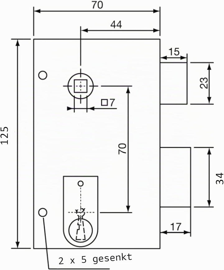 Yale Vertikales Türschloss mit Bolzen – Achse 44 mm, quadratisch 7 mm – Installation Tür rechts – id
