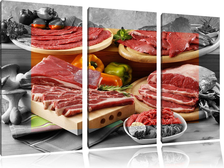 Saftige Fleisch Variationen schwarz/weiss 3-Teiler Leinwandbild 120x80 Bild auf Leinwand, XXL riesig