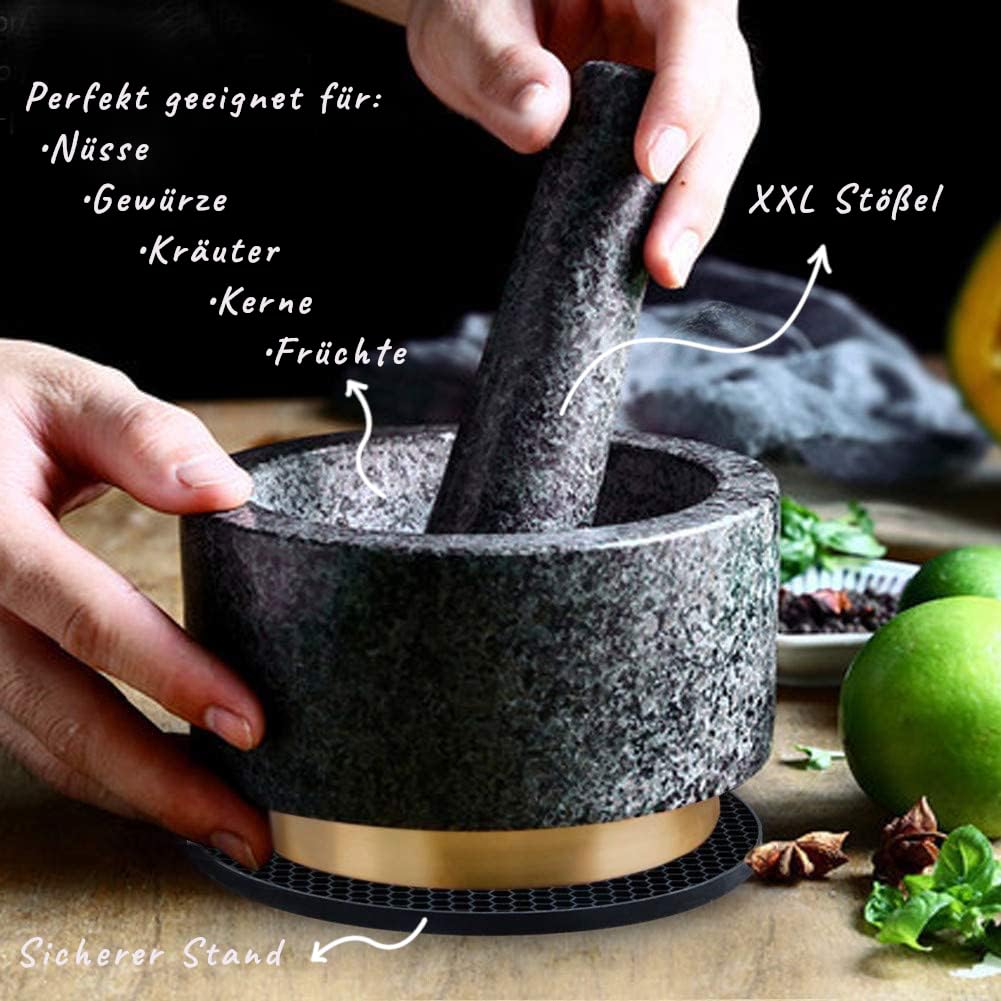MARINDO Granit Mörser mit Stössel | Mörser mit extra langem Stössel & Gold ummantelter Kupferbasis |